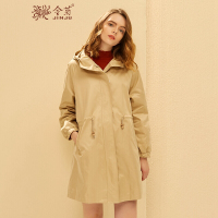 金菊2018秋冬新款女士连帽风衣复古英伦风大衣女长袖收腰中长款外套女