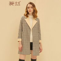 金菊2018秋冬新款女士中长款风衣复古英伦风大衣女长袖格纹印花外套女