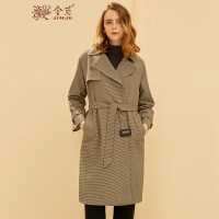 金菊2018秋冬新款女士中长款风衣复古英伦风大衣女长袖千鸟格印花外套修身显瘦风衣女咖色