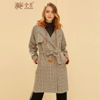 金菊2018秋冬女装新款女士格子印花风衣复古英伦风连帽大衣女中长款系带外套女