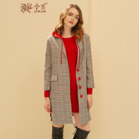 金菊2018秋冬新款女装中长款风衣复古英伦风外套长袖连帽大衣女格子印花开衫女格子