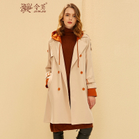 金菊2018秋冬新款女士连帽风衣复古英伦风中长款大衣女长袖格子印花外套女
