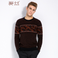 金菊男装2018秋冬新款男士纯羊毛毛衣中年男士商务休闲圆领羊毛衫撞色拼接针织衫套头毛衣男款