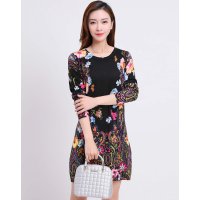 金菊女装纯羊毛毛衣冬季新款印花连衣裙女士中长款羊毛裙中老年女士羊毛连衣裙套头圆领毛衣