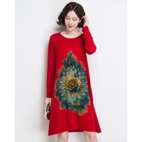 金菊女装春季圆领羊毛衫纯羊毛印花连衣裙女士中长款羊毛裙宽松显瘦针织衫套头毛衣女
