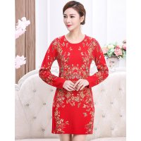 金菊女装圆领长袖连衣裙冬季新款纯羊毛毛衣女士中长款羊毛裙修身印花打底衫套头毛衣女