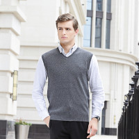 金菊男士春季100%纯羊毛毛衣男款v领羊毛背心中年男士商务休闲马甲无袖修身套头毛衣男款