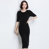 金菊女装春季新款纯羊毛毛衣女士中袖羊毛连衣裙修身显瘦羊毛裙圆领中长款套头毛衣女
