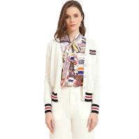 金菊女装春季新款女士短款针织衫撞色拼接针织开衫修身显瘦短外套女款