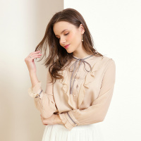 金菊女装春季新款真丝衬衫女士长袖桑蚕丝上衣修身显瘦荷叶边系带衬衣女