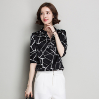 金菊春季新款女装中袖真丝衬衫女宽松大码桑蚕丝上衣条纹印花真丝T恤女