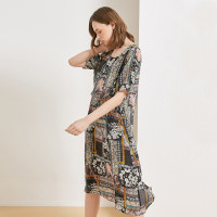 金菊春夏新款女装圆领真丝印花连衣裙女士桑蚕丝短袖长裙宽松显瘦大码装真丝连衣裙女花色