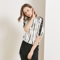 金菊春夏新款女装v领真丝印花上衣女士桑蚕丝短袖T恤时尚百搭蕾丝拼接真丝上衣女