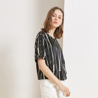 金菊春夏新款女装圆领真丝印花上衣女士桑蚕丝短袖T恤宽松显瘦大码装真丝上衣蕾丝拼接T