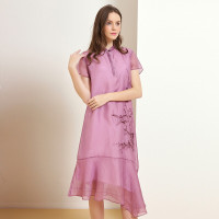 金菊女装春夏季新款真丝刺绣连衣裙短袖桑蚕丝中长款连衣裙中国风小方领长裙