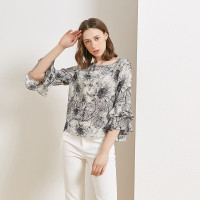 金菊春夏新款女装圆领真丝印花上衣女士桑蚕丝荷叶袖T恤宽松显瘦大码装真丝上衣女白色