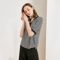 金菊春夏新款女装真丝印花上衣女士系带桑蚕丝T恤宽松显瘦真丝大码装女黑色