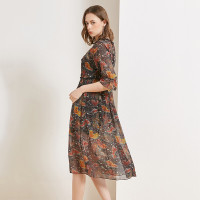 金菊春夏新款女装花边领真丝印花连衣裙女士修身显瘦桑蚕丝中长裙中袖大码装真丝连衣裙藏