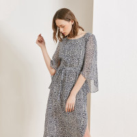 金菊春夏新款女装圆领真丝连衣裙女士桑蚕丝中袖开叉长裙宽松显瘦大码装真丝连衣裙女