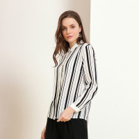 金菊女装春夏新款真丝衬衫女士黑白条纹桑蚕丝上衣修身显瘦长袖衬衫女印花