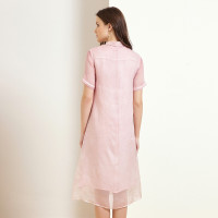 金菊女装春夏新款女士真丝连衣裙宽松显瘦桑蚕丝绣花长裙中国风短袖连衣裙女款