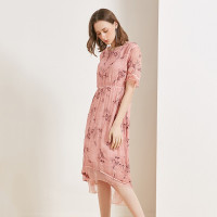 金菊春夏新款女装圆领真丝刺绣印花连衣裙女士桑蚕丝长裙修身显瘦大妈转短袖连衣裙女