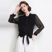 金菊女装春夏新款真丝衬衫女士圆领长袖桑蚕丝上衣女修身显瘦真丝上衣时尚百搭系带真丝衬衫