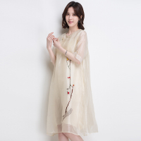 金菊春夏新款女装真丝连衣裙女圆领中袖桑蚕丝长裙宽松显瘦中国风大码连衣裙春装