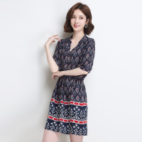 金菊女装真丝印花连衣裙女士春夏新款桑蚕丝衬衫连衣裙女中袖松紧腰中长款连衣裙女修身显瘦真丝连