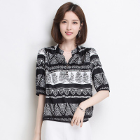 金菊春夏新款女装韩版修身显瘦真丝T恤女v领桑蚕丝上衣中袖印花衬衫女