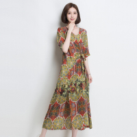 金菊女装真丝印花连衣裙女士春夏新款桑蚕丝连衣裙女款v领中袖真丝长裙收腰显瘦大码装真丝连衣裙