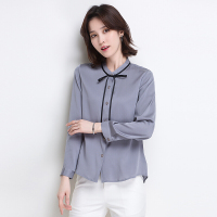 金菊春夏新款女士韩版修身真丝上衣女长袖桑蚕丝大码衬衫蝴蝶结系带衬衣女