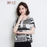 金菊夏季新款女装圆领真丝印花上衣女士短袖桑蚕丝T恤宽松显瘦真丝大码装黑色