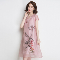 金菊女装真丝刺绣连衣裙女士夏季新款宽松显瘦桑蚕丝连衣裙女v领短袖真丝连衣裙大码装连衣裙女