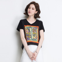 金菊夏季新款女装真丝印花上衣时尚百搭桑蚕丝T恤短袖真丝拼接上衣女