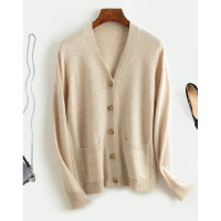 金菊秋冬新款毛衣时尚V领纯色羊毛开衫女