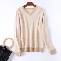 金菊2019秋冬新款V领套头羊毛衫女竖条纹纯羊毛时尚气质上衣女