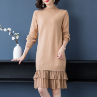 简约优雅时尚高圆领个纱拼接收口袖针织女款连衣裙