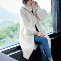 优雅连帽纯色口袋编织收口袖单排扣仿貂绒秋冬长款韩版长袖直筒休闲时尚通勤外搭女款针织外套
