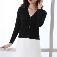 春秋款短款纯色V领简约百搭文艺宽松弹力显瘦针织开衫女款外套女装外搭