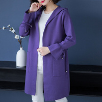 喇叭袖抽绳系带口袋设计春秋中长款原宿风连帽长袖宽松个性休闲女款开衫外搭针织衫