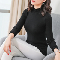 春秋款短款半高领韩版套头长袖百搭纯色弹力修身显瘦简约优雅木耳边女款内搭打底衫针织衫女装上衣