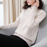 温柔撞色镶边平板编织冬季韩版半高领套头长袖直筒宽松时尚休闲女款针织衫