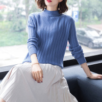 秋冬个性斜纹弹力编织短款卷边半高领韩版套头长袖纯色直筒休闲时尚女款针织衫