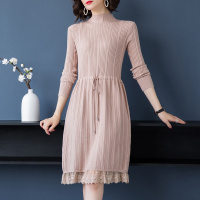 秋冬长款韩版百搭纯色修身弹力显瘦长袖套头半高领优雅时尚腰间系带下摆蕾丝拼接轻熟针织长裙连衣裙女装内搭