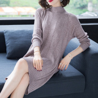 秋冬高级纹路编织收口插肩袖中长款半高领韩版套头长袖纯色直筒针织连衣裙
