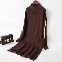 时尚优雅斜纹编织蕾丝装饰休闲百搭套头长袖中长款针织连衣裙