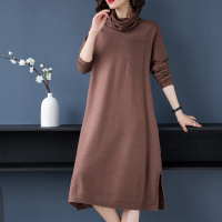 秋冬长款堆堆领韩版百搭纯色宽松修身显瘦长袖套头优雅时尚针织衫打底衫慵懒风连衣裙chic女装内搭