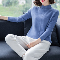 高级斜纹编织秋冬原宿风半高领套头长袖纯色直筒宽松慵懒风休闲时尚女款针织衫