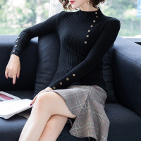 袖口领口纽扣点缀秋冬短款半高领韩版套头长袖纯色弹力修身个性休闲打底衫女款内搭针织衫